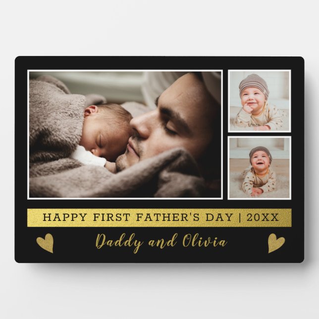 First Father's Day 3 Photo Collage Black And Gold Plaque (Front)