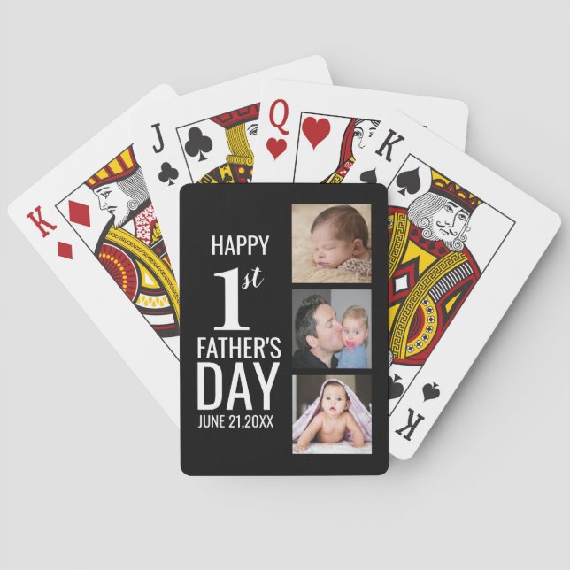 First Father's Day 3 Photo Collage Black And White Playing Cards (Back)