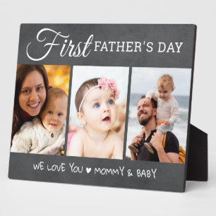 First Father's Day 3 Photo Collage Chalkboard Plaque