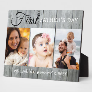 First Father's Day 3 Photo Collage Grey Wood Plaque