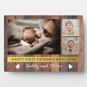 First Father's Day 3 Photo Collage Rustic Wood   Plaque