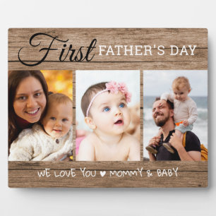 First Father's Day 3 Photo Collage  Rustic Wood Plaque
