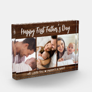 First Father's Day 3 Picture Collage  Dark Wood   Photo Block