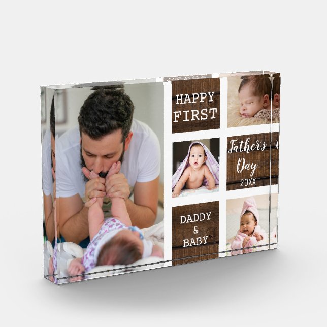 First Father's Day 4 Photo Collage Brown Wood (Left)