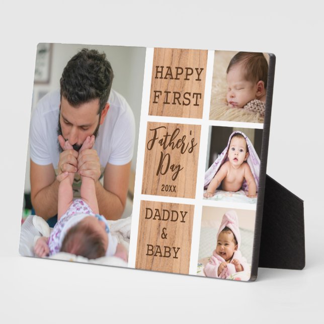 First Father's Day 4 Photo Collage Rustic Wood   Plaque (Side)