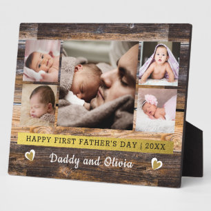  First Father's Day 5 Photo Collage Brown Wood   Plaque
