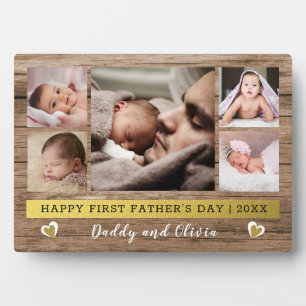  First Father's Day 5 Photo Collage Rustic Wood Plaque