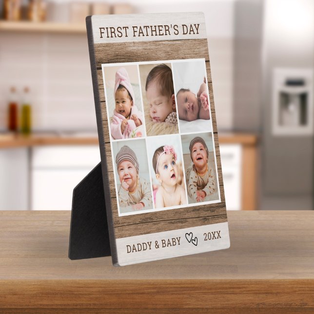  First Father's Day 6 Photo Collage Rustic Wood Plaque (Creator Uploaded)
