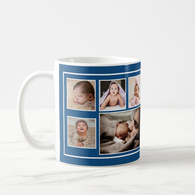 First Father's Day 7 Photo Collage Blue Coffee Mug (Left)
