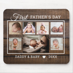 First Father's Day 7 Photo Collage Dark Barnwood   Mouse Pad