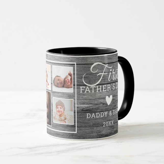 First Father's Day 7 Photo Collage Grey Wood   Mug (Front Right)