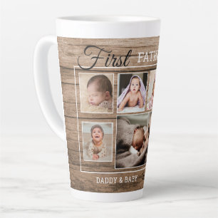 First Father's Day 7 Photo Collage Rustic Wood Latte Mug