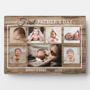First Father's Day 7 Photo Collage Rustic Wood Plaque