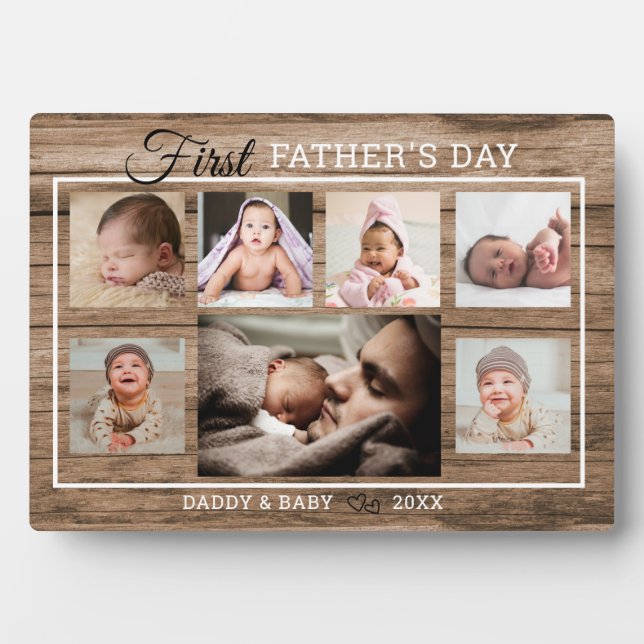First Father's Day 7 Photo Collage Rustic Wood Plaque (Front)