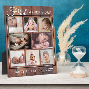 First Father's Day 8 Photo Collage Brown Wood   Plaque