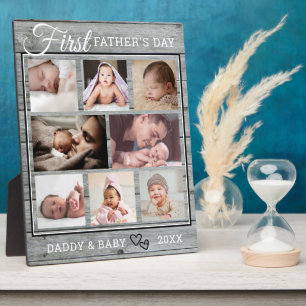 First Father's Day 8 Photo Collage Gray Wood Plaque