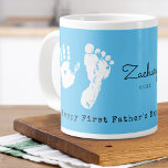 First Father's Day Add Newborns Print Large Coffee Mug<br><div class="desc">Custom printed coffee mug personalized with ADDING your newborns prints and words "Happy First Father's Day ♥️ We Love You" with name and date.</div>