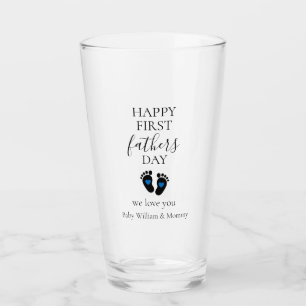 First Father's Day – Baby Footprints & Blue Hearts Glass