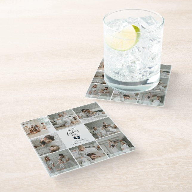 First Father's Day – Baby Footprints & Blue Hearts Glass Coaster (Angled)