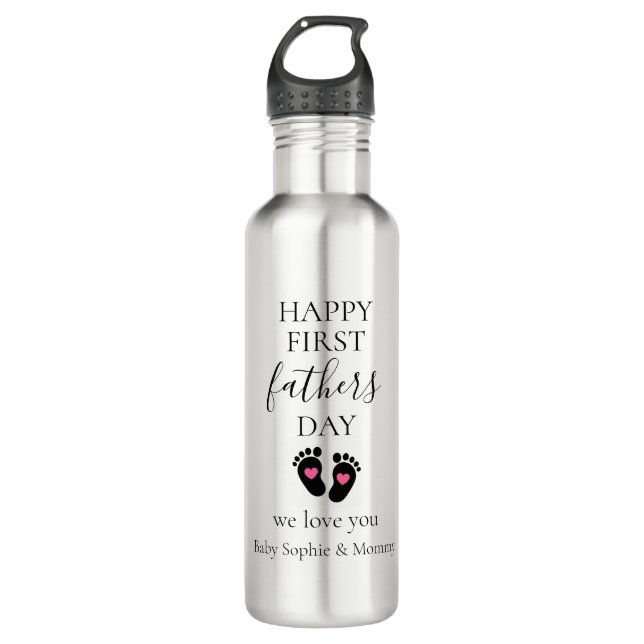 First Father's Day – Baby Footprints & Pink Hearts 710 Ml Water Bottle (Front)