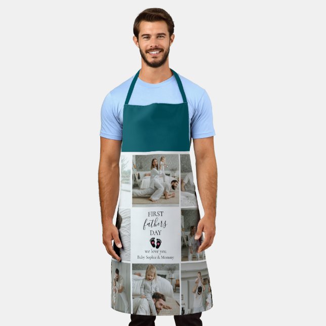 First Father's Day – Baby Footprints & Pink Hearts Apron (Worn)
