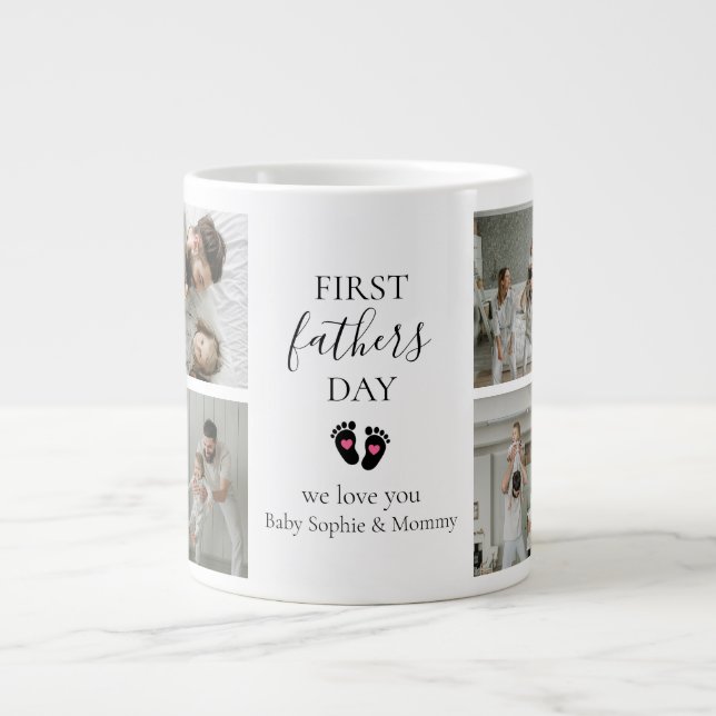 First Father's Day – Baby Footprints & Pink Hearts Large Coffee Mug (Front)