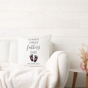 First Father's Day – Baby Footprints & Pink Hearts Throw Pillow