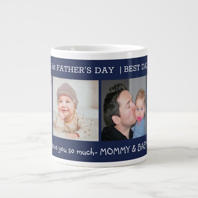 First Father's Day Best Dad Ever 4 Photo Navy Blue Large Coffee Mug (Front)
