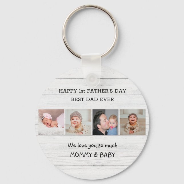 First Father's Day Best Dad Ever 4 Photo Wood Keychain (Front)