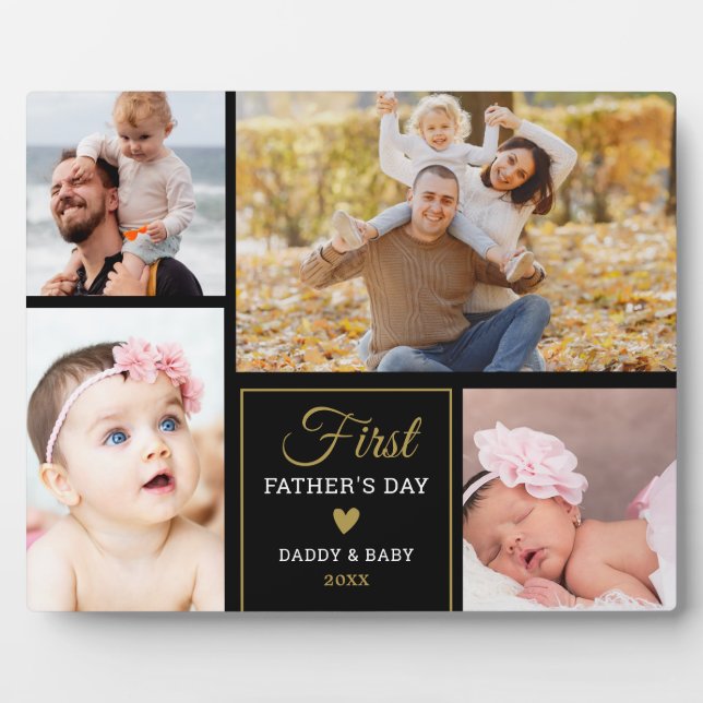 First Father's Day Black And Gold 4 photo Collage  Plaque (Front)