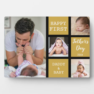  First Father's Day Black Gold 4 Photo Collage   Plaque