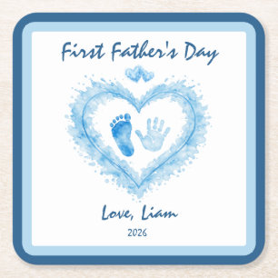 First Father's Day Blue Watercolor Heart Footprint Square Paper Coaster