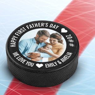 First Father's Day Custom Year and New Baby Photo Hockey Puck