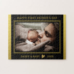 First  Father's Day  Dad And Baby Photo Black Gold Jigsaw Puzzle