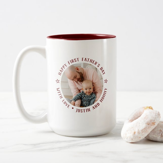 First Father's Day Dad Daughter Son Upload Photo Two-Tone Coffee Mug (With Donut)