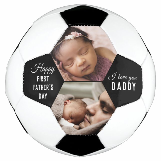 First Father's Day Daddy Baby  2 Photo Collage Soccer Ball (Front)