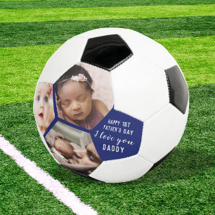 First Father's Day Daddy Baby 3 Photo Collage Blue Soccer Ball