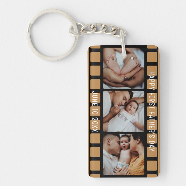 First Father's Day Film Strip Photo Grid New Dad Keychain (Front)