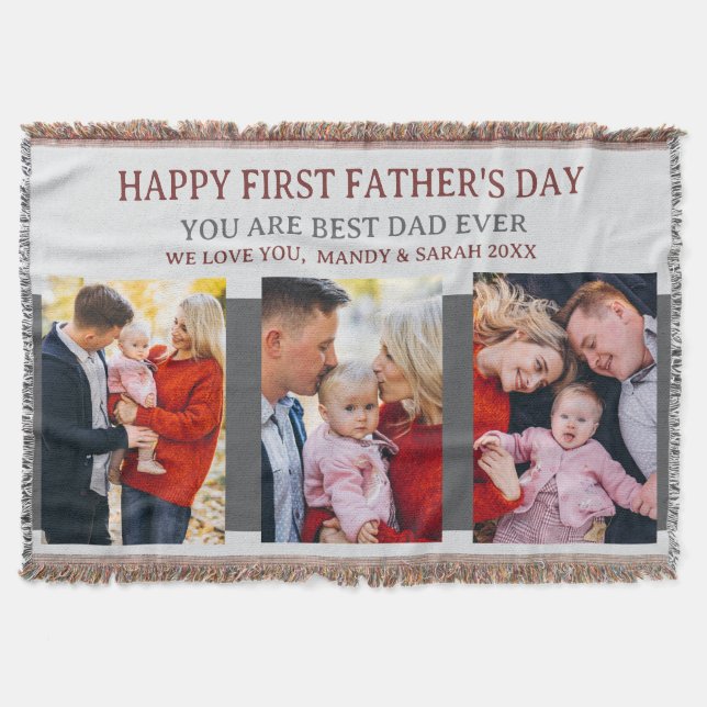 First Fathers Day Grey 3 Photos & Custom Message  Throw Blanket (Front)