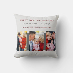 First Fathers Day Grey 4 Photos & Custom Message  Throw Pillow