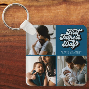 First Fathers Day Groovy Retro Three Photo   Blue Keychain