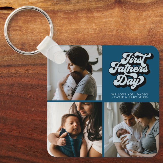 First Fathers Day Groovy Retro Three Photo | Blue Keychain (Front)