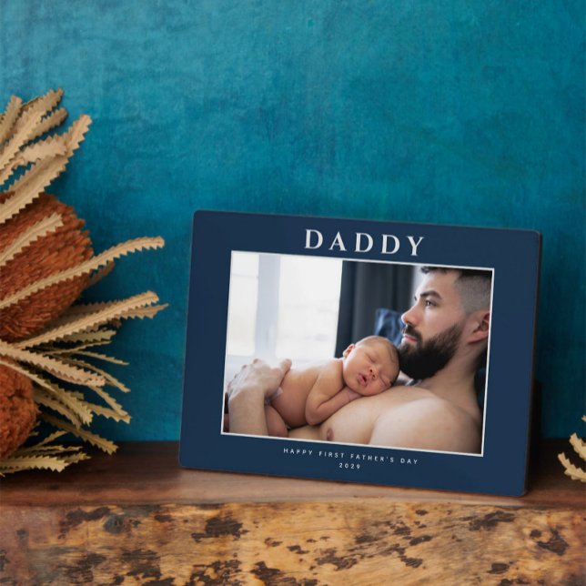 First Father's Day Muted Blue Personalized Plaque (Easily personalize this photo 1st Father's Day plaque with your photo & names for a gift he'll love)