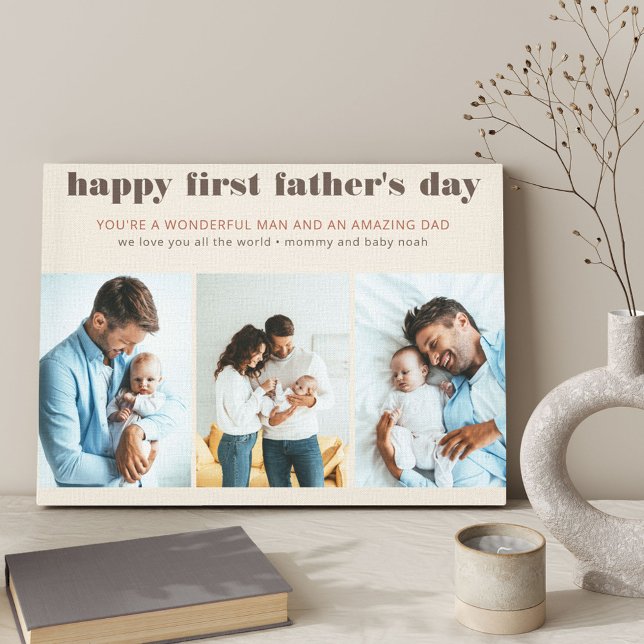 First Father's Day Name 3 Photo Cream Canvas Print (Creator Uploaded)