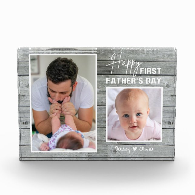 First Father's Day New Dad 2 Photo Grey Wood   Pla Block (Front)