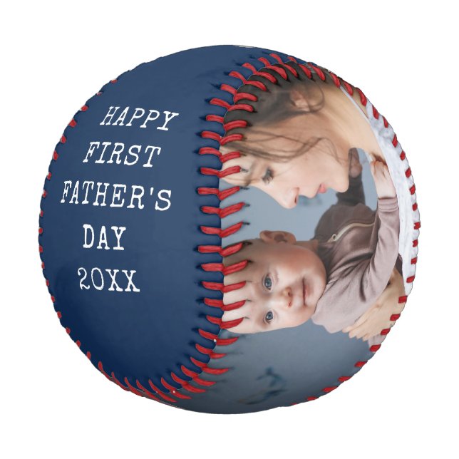 First Father's Day New Dad Baby Photo Collage Blue Baseball (Angled)