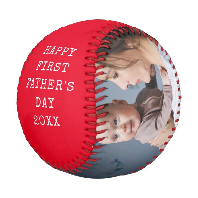 First Father's Day New Dad Baby Photo Collage Red Baseball (Angled)