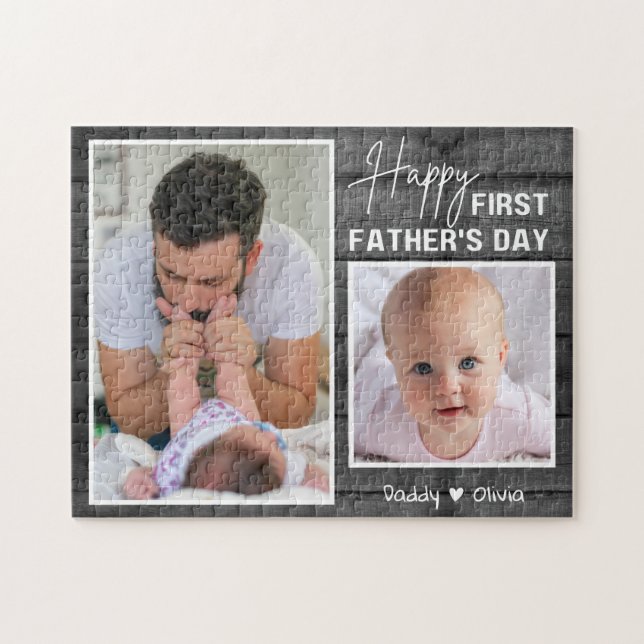 First Father's Day New Dad Black Wood  2 Photo Jigsaw Puzzle (Horizontal)