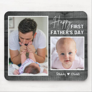 First Father's Day New Dad Black Wood 2 Photo Mouse Pad