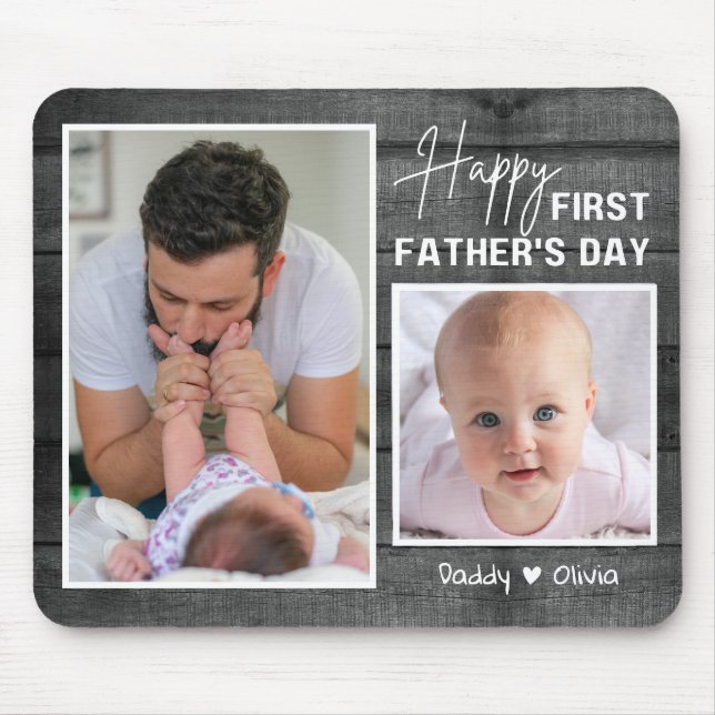 First Father's Day New Dad Black Wood  2 Photo Mouse Pad (Front)